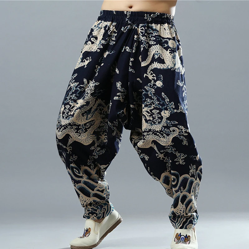 

Plus Size Men's Vintage Print Cotton Linen Big Drop Crotch Pants Hippy Harem Loose Full Length Trousers Casual Baggy Pants