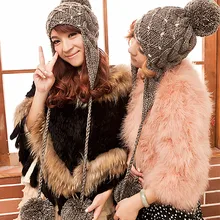 BomHCS Новая модная женская толстая шапка ручной работы вязаная шапка с ушками теплая шапка с шариками