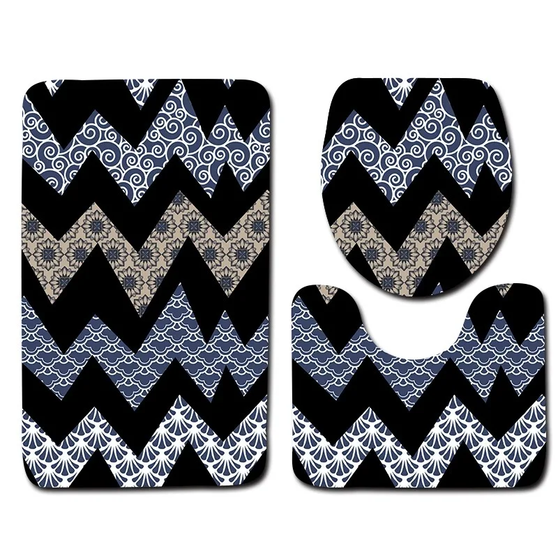 

Abstract Geometric Pattern 3Pcs Bathroom Carpets Set Floor Mat Toilet Bath Mat Set Washable Pedestal Rug Lid Toilet Cover Carpet