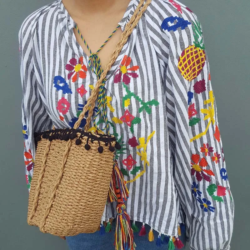Women Beach Bag 2017 Bohemian Straw Bags Handmade Summer Travel Tote Drawstring Basket Vacation Shopping Handbags SS0282 (10)