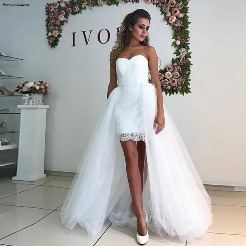 Lace Arabic Short Wedding Dresses With Detachable Train Sweetheart White Appliques Garden Bridal Gown Cheap abito da sposa
