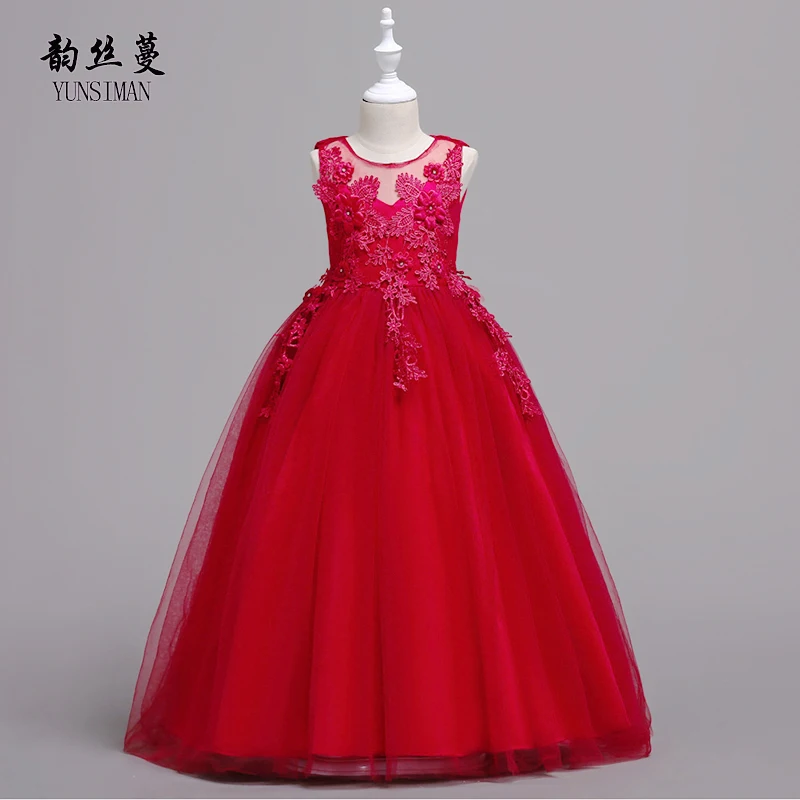 

2019 Girls Party Dresses Flower Girls Dress Red White Lace Party Princess Costume Kids Long Dress 9 10 11 12 to 14 Years 1A25A