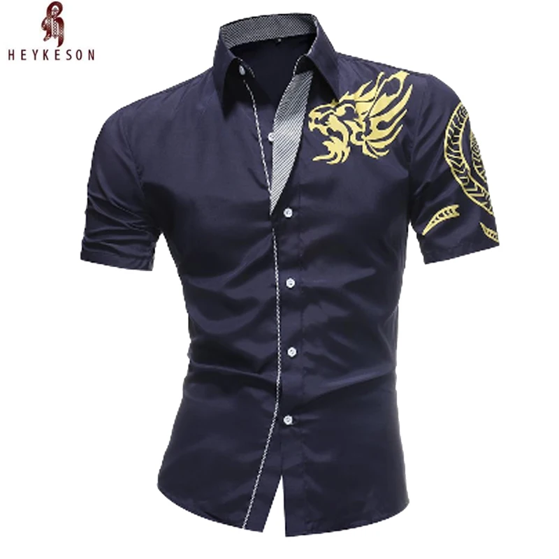 

HEYKESON Brand 2018 New Dragon Print Men'S Designer Military Slim Fit Dress Shirt Casual Short Sleeve Shirts Tops M-4XL
