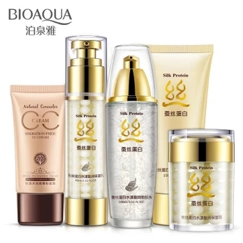 

BIOAQUA silk protein Moisturizing Facial Care Suit 5pcs set Essence Cream+Essence Liquid+Toner+Cleanser+ CC Cream Whitening