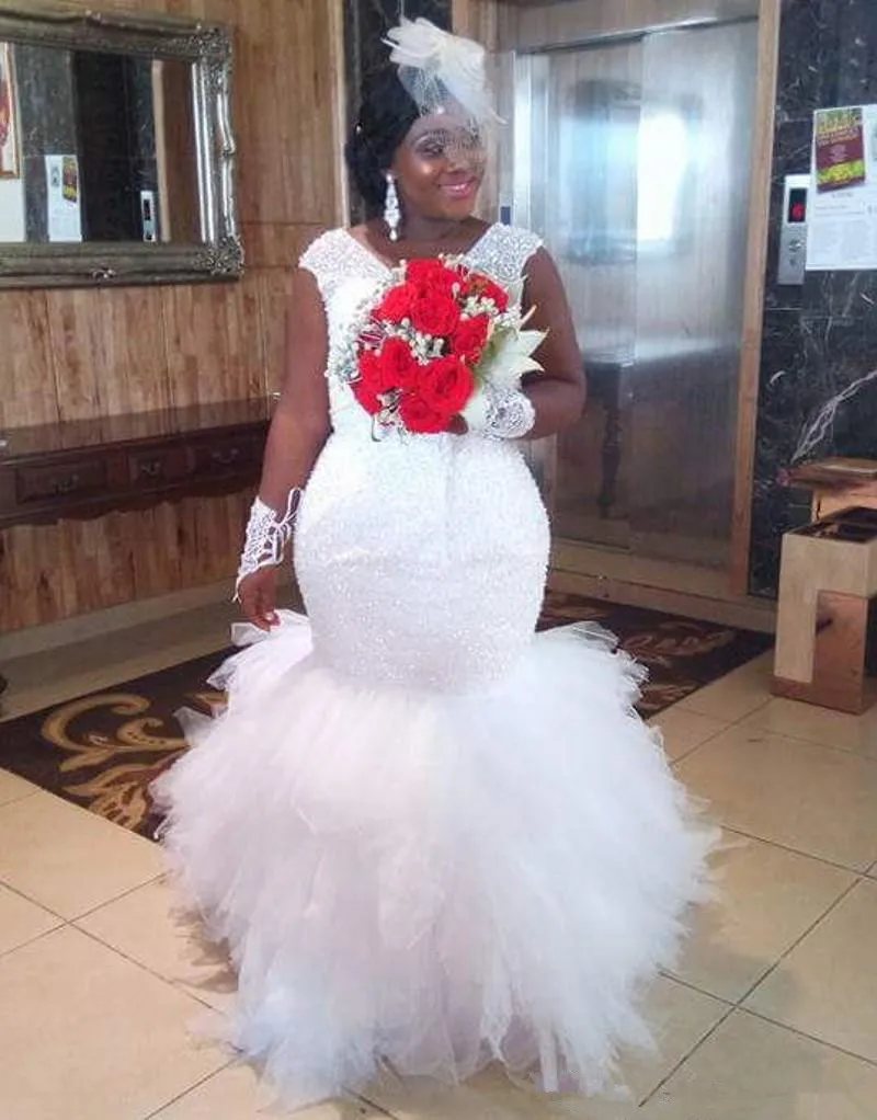 

Africa Plus Size Mermaid Wedding Dresses Beaded Sequins Tiered Tulle sweep Train African Corset Back Bridal Gowns wedding gown