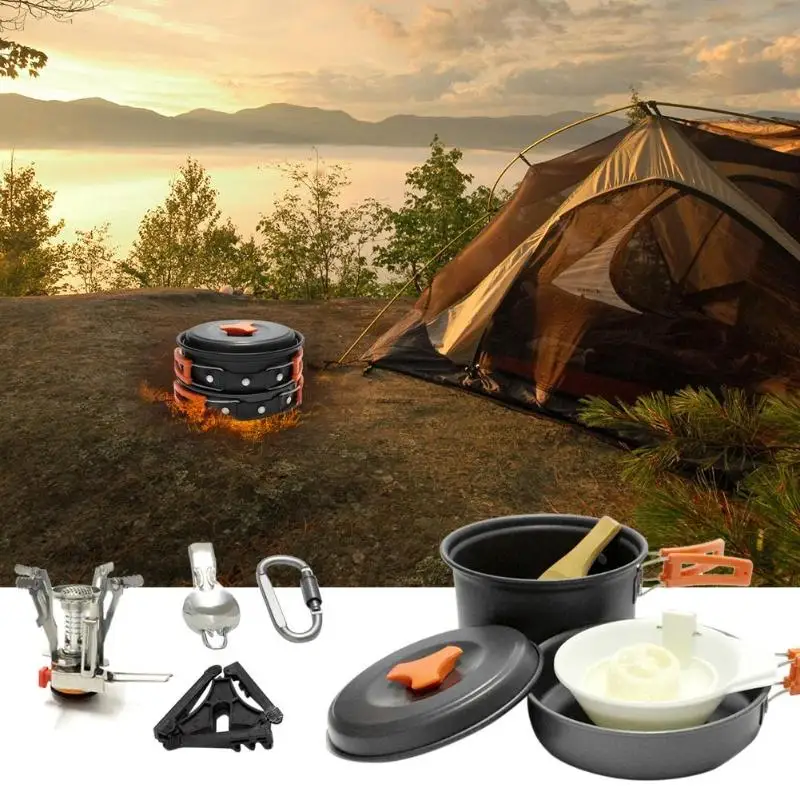 

11pcs/set Portable 1-2 Persons Cookware Kit Stove Pot Spoon Bowl Carabiner Canister Stand Tripod for Outdoor Camping Hiking Back