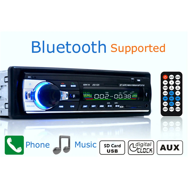 JSD520 Autoradio Car Radio 12V Bluetooth V2.0 Car Stereo In-dash 1 Din FM Aux Input Receiver SD USB MP3 MMC WMA Car Radio Player