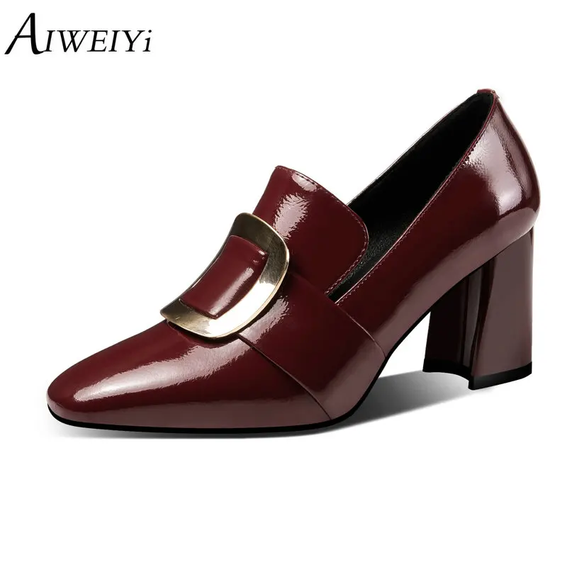

AIWEIYi Women High Heels Spring Autumn Cow Leather Platform Pumps Black Wine Square Heel High Heels Lady Shoes