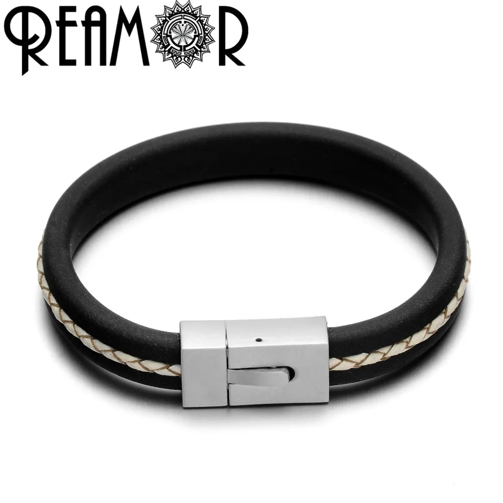 REAMOR Fashion Men Genuine Braided Leather Rope Bracelet Black Rubber Cord Bracelets&ampBangles with 316L Stainless Steel Clasp | Украшения