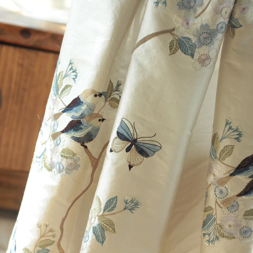 Pale Yellow White Blue Bird Embroidered Silk European Classic Luxury