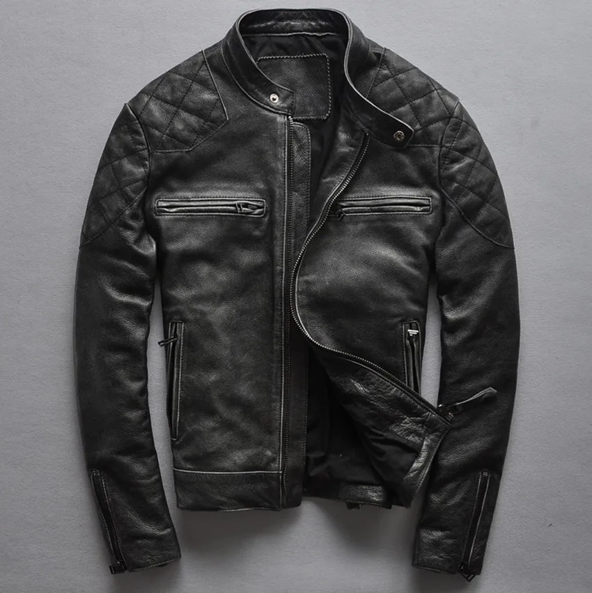 Новая мода винтажная натуральная кожаная куртка мужская черная воловья кожа короткая простая мотоциклетная куртка мужская приталенная кожаная куртка