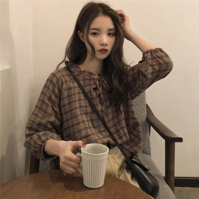 

Sannian 2019 Spring Korean Version Of The Retro Color Matching Brown Coffee Plaid Lotus Leaf Collar Drawstring Shirt Women Tops