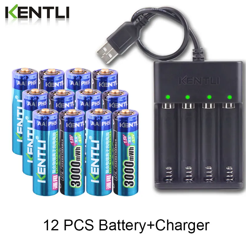 12 шт. Новый KENTLI 1 5 В 3000mWh AA литий полимерный ионный аккумулятор + 4 слота USB умное
