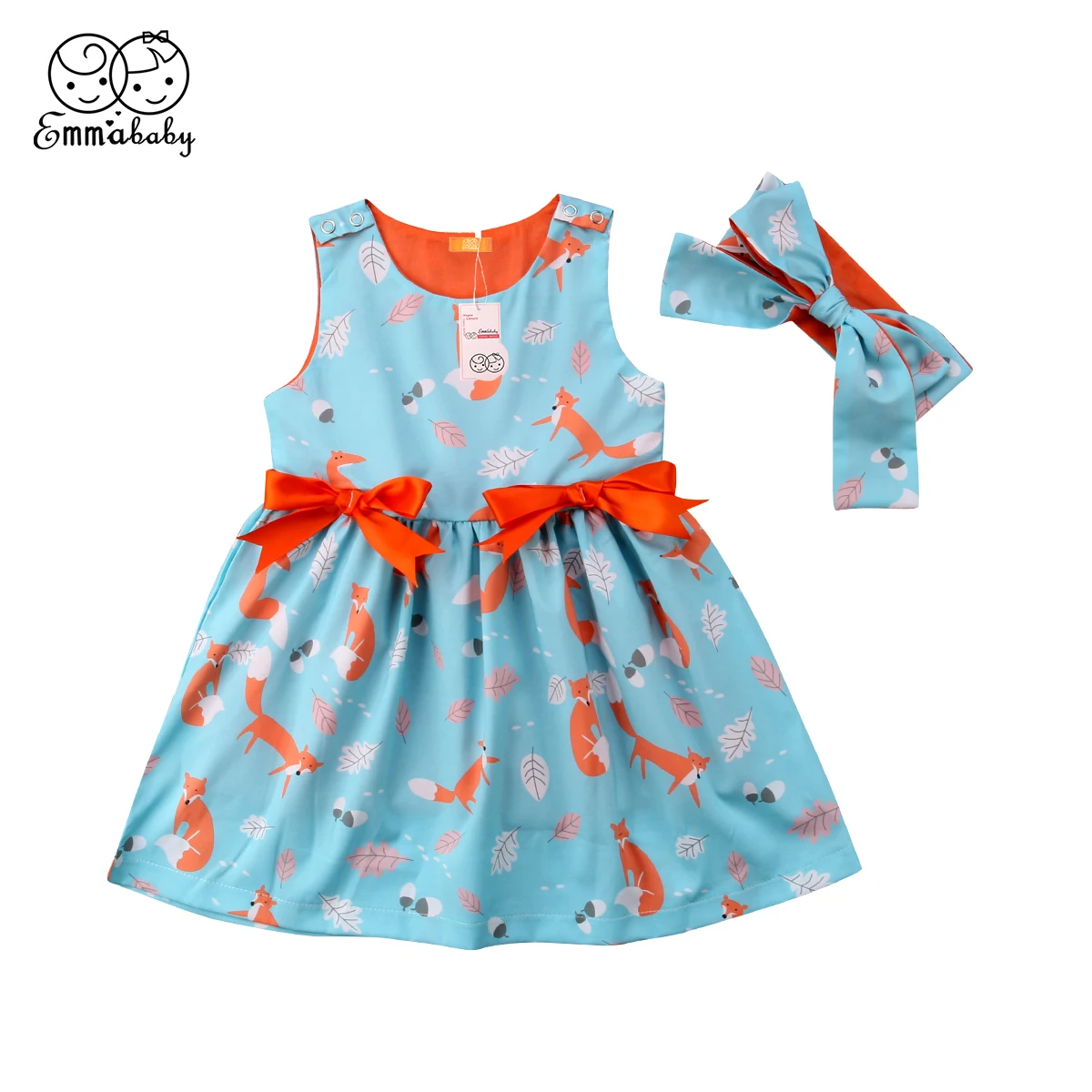 

EMMABABY Cute Girl Fox Bowknot Dress Summer Party Kid Sleeveless Dress Formal Sundress Girl Headband 2Pcs Baby Girl Clothes