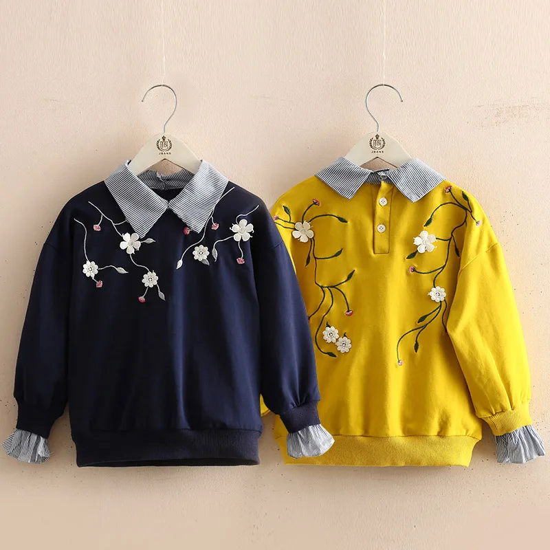 

2018 Autumn Spring 2-11 12 Years Teenager Flower Embroidery Turn-down Collar Patchwork Fake 2 Pcs Sweatshirt For Kids Baby Girls