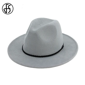 

FS Cotton Gray Felt Wide Brim Fedora Women Vintage Hat For Church Elegant Classic Men Gentleman Royal Round Cap With Ribbon Fall