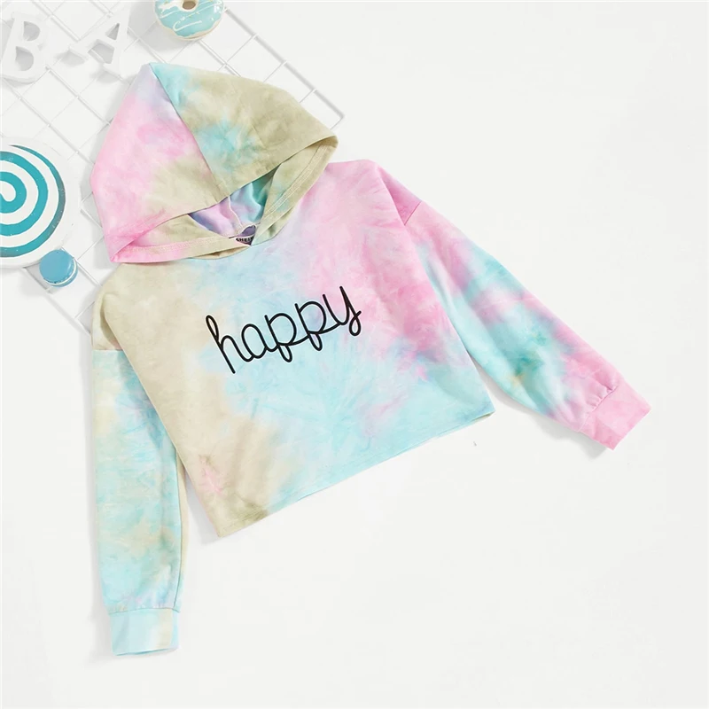 SHEIN/милые толстовки для девочек с надписью «Happy Print Tie Dye», топы для девочек, г. Весенние корейские модные толстовки с длинными рукавами для девочек