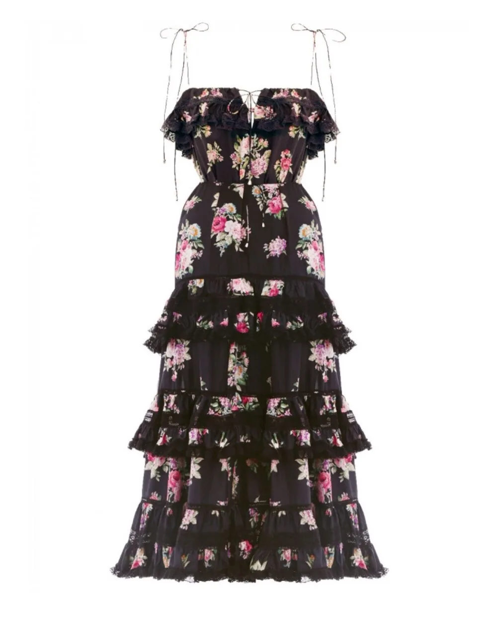 COLOREE высокое качество подиумное дизайнерское платье летнее черное цветочное печатное Каскадное кружево платье пляжное длинное платье для отдыха