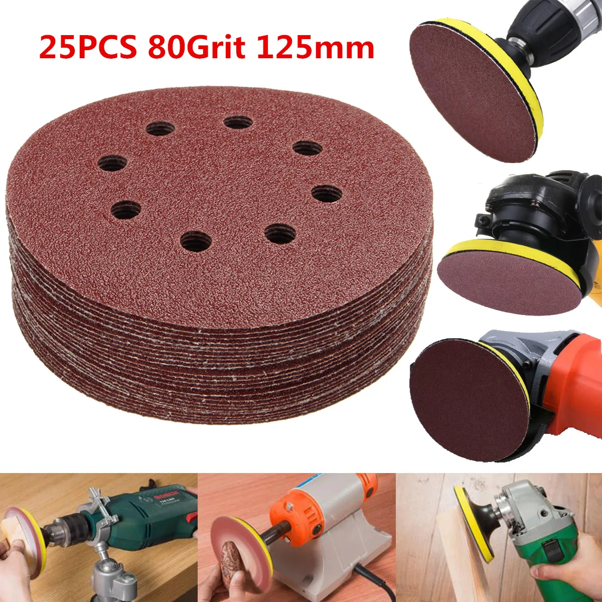 

25Pcs Emery Paper Sanding Disc 125mm 5" 80Grits 8Holes Round Sanding Paper Hook And Loop Sandpaper Discs Orbital Sander Pad Mat