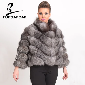 

FURSARCAR New Arrival Real Silver Fox Fur Coat Women Luxury Fox Fur Female Jacket With Collar Thick Silver Fox Fur Winter Coat