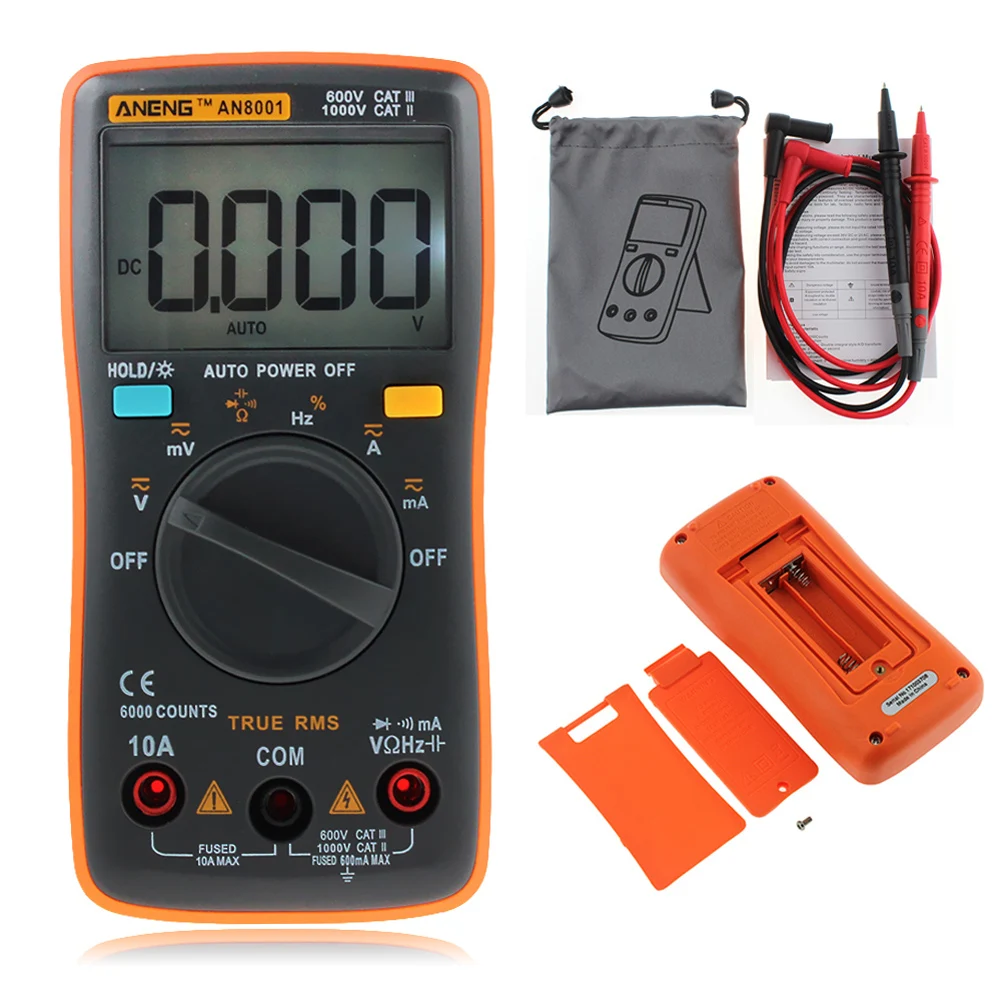 

Digital Multimeter 6000Counts Backlight AC/DC Voltage Current Ohm Portable Meter Ammeter Voltmeter With Test Probe Leads Cable