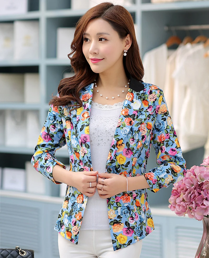 Autumn Blazers Floral Print Jacket Women Single Button Coat Women Vogue