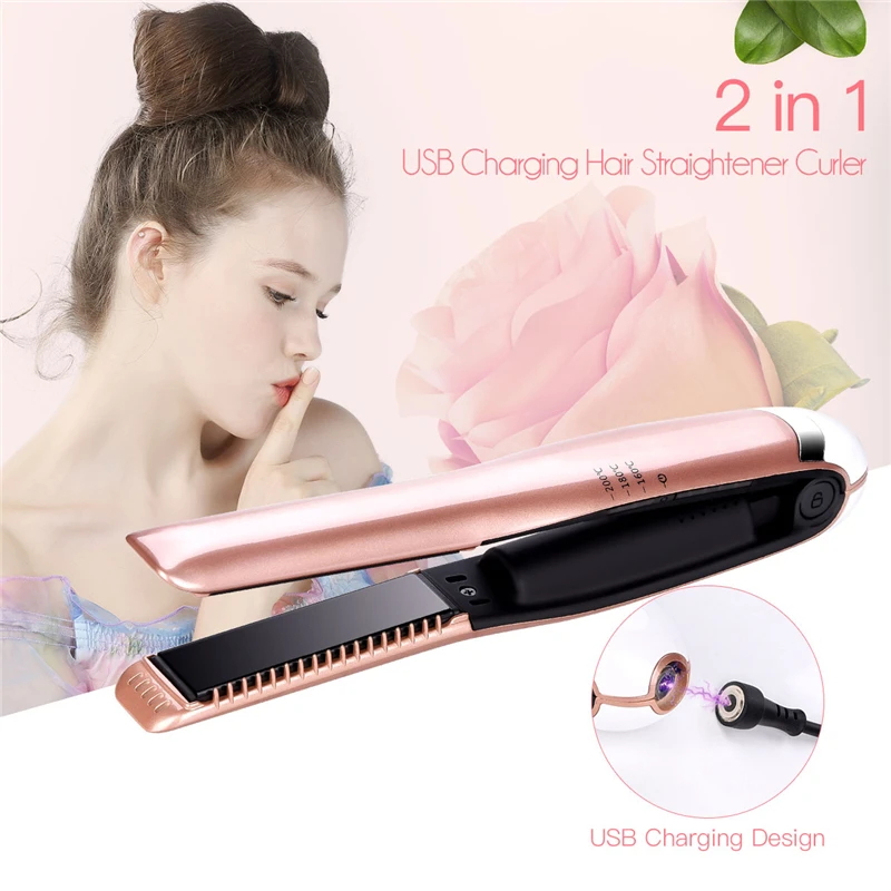 

Portable 2 in 1 Hair Straightener Cordless Fast Heating Iron Hair Curler Tourmaline Ceramics Temperature Adjustable Styling Tool