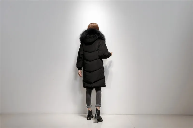 2019 женское белое пуховое пальто, модная Длинная Верхняя одежда в полоску, плотное теплое пальто с большим мехом, куртка на молнии с