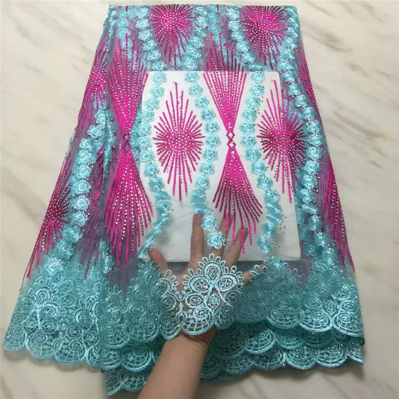 

HFX Nigeria Tulle Lace High Quality Nigerian French Lace Mint Green/Pink Embroidery African Cord Net Lace Fabric X1342