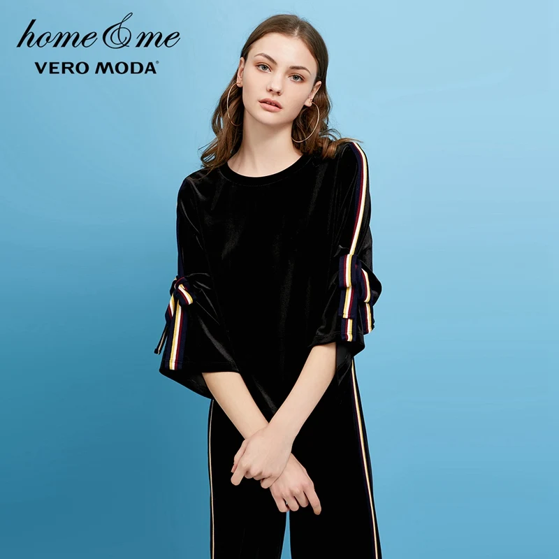 Vero Moda полосатый кружевной бархатный свободный крой Женская одежда для отдыха свитшот-худи | 3181R3506 - Цвет: Black