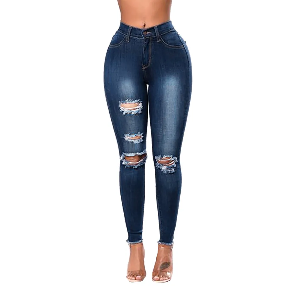 

CHAMSGEND Fashion Women Cotton Hole Jeans 2019 Soild Wild Female Mid Waist Stretch Slim Sexy Pencil Pant Skinny Casual Pants Fe6