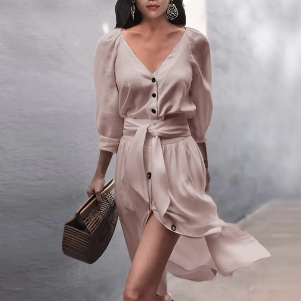 

Summer Women Single Breasted V-neck Three Quarter Sleeves Strap Bow Knot Waist Knee-Length Dress Solid Color Clothing FS0765