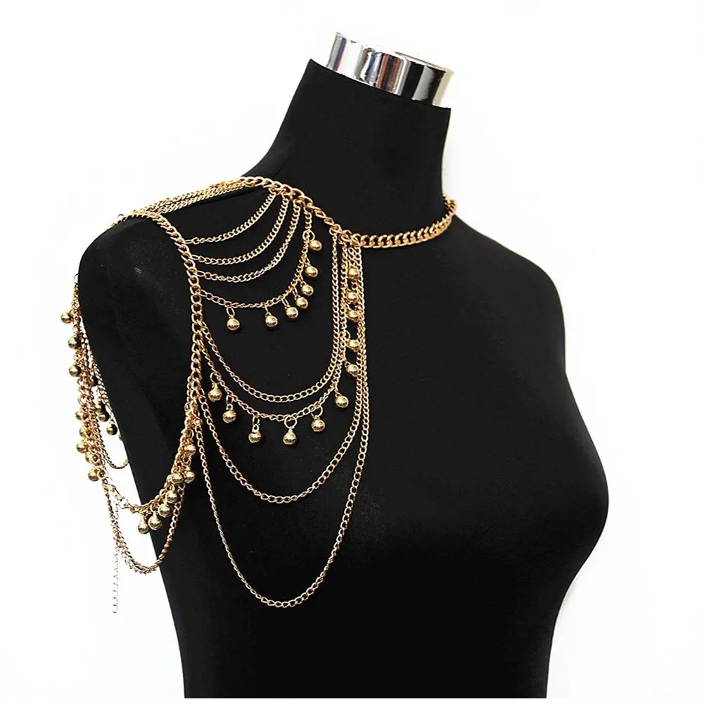 

Gold Tone Harness Multilayer with Bells Necklace Love Rocks Shoulder Drape