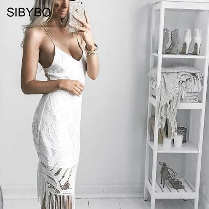 Sibybo, сексуальное Бандажное кружевное платье с открытой спиной, женское платье без рукавов с v-образным вырезом и кисточками на тонких бретелях, Vestidos, Элегантное Длинное Платье для вечеринок - Цвет: Белый