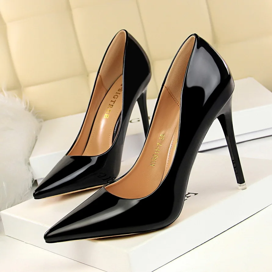 Plus SZ Womens Pointed Toe Patent Leather Pumps High Heels OL Wedding Work Shoes