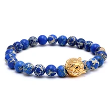 Chapado en oro de acero titanium de la cabeza del tigre del encanto de los hombres pulsera 8mm emperador azul cuentas de piedra pulsera brazalete de perlas pulsera masculina