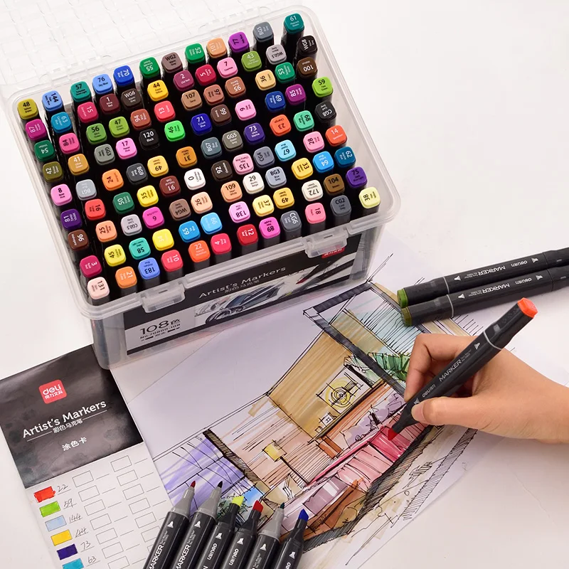 

Deli 36/48/60/80/108 Colors Art Markers Alcohol Based Markers Drawing Pen Set Manga Dual Headed Art Sketch Marker Design Pens