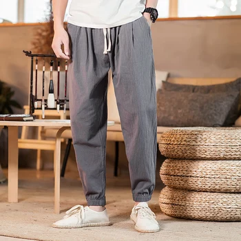 

#4624 Chinese Style Cotton Linen Harem Pants Men Elastic Waist Casual Vintage Trousers Streetwear Loose Pleated Linen Trousers