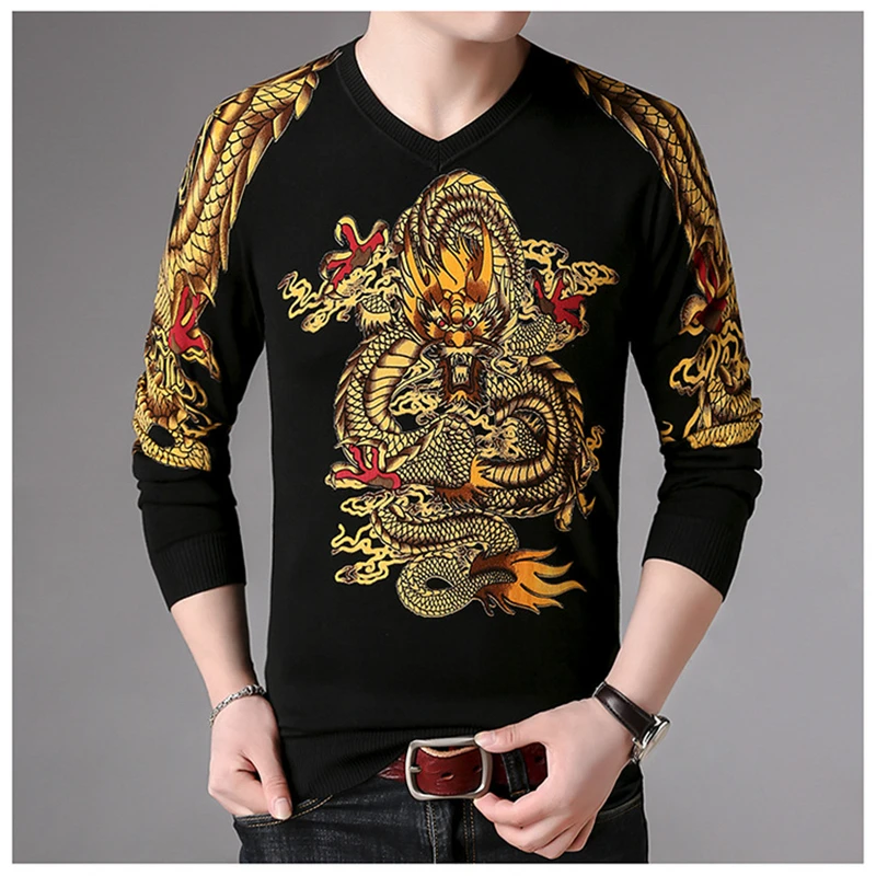

Chinese style exquisite dragon pattern print pullover knit sweater Autumn 2018 quality soft comfortable fancy sweater men M-XXXL