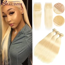 Beaudiva Straight Hair 613 Bundles With Closure Peruvian Hair Weave Bundles With Closure Human Hair Blonde Bundles With Closure