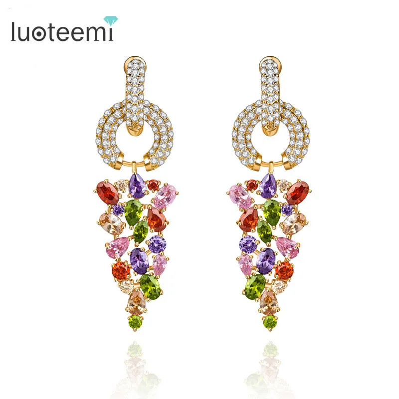 LUOTEEMI 2015 Brincos Luxury Europe Design Multicolor CZ Elegant Long font b Earrings b font Women