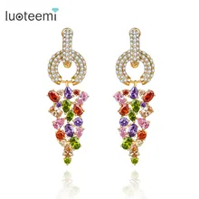 LUOTEEMI 2015 Brincos Luxury Europe Design Multicolor CZ Elegant Long Earrings Women Wedding Dangle Earrings Bridal Jewelry