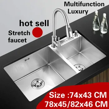Best Free Shipping Apartment Kitchen Manual Sink Double Groove Stretch Faucet Do The Dishes 304 Stainless Steel Hot Sell 82x46 CM