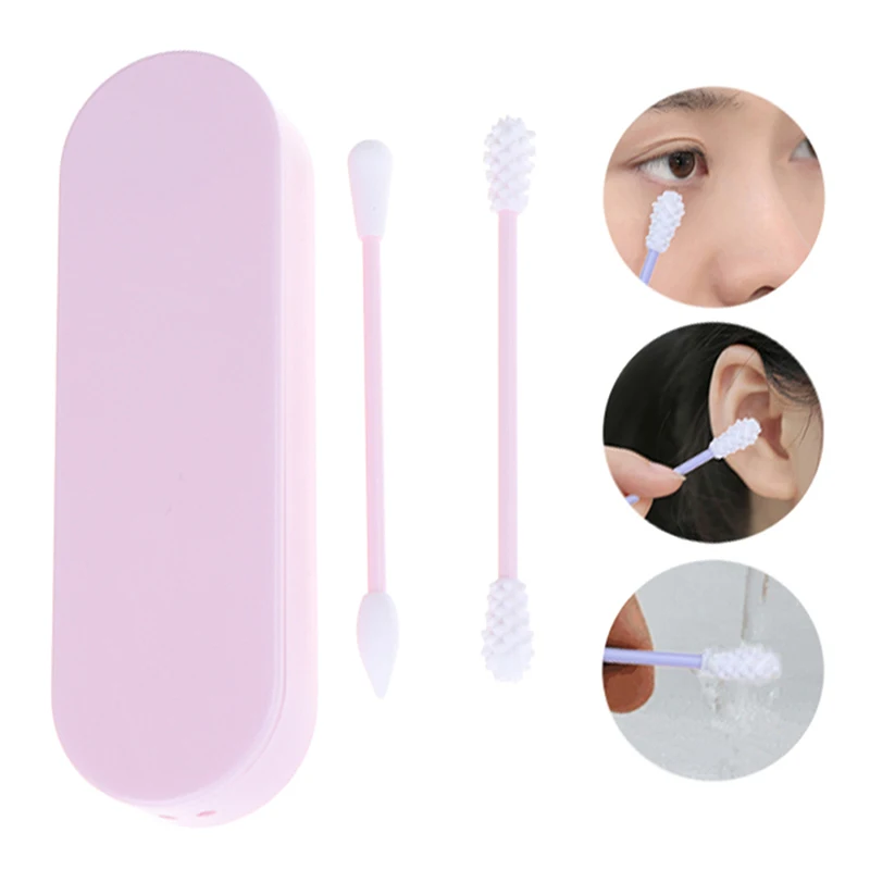 

2Pcs Double Head Ended Clean Cotton Swabs Ear Clean Set Includes Storage Box Reusable Cosmetic Cotton Swab