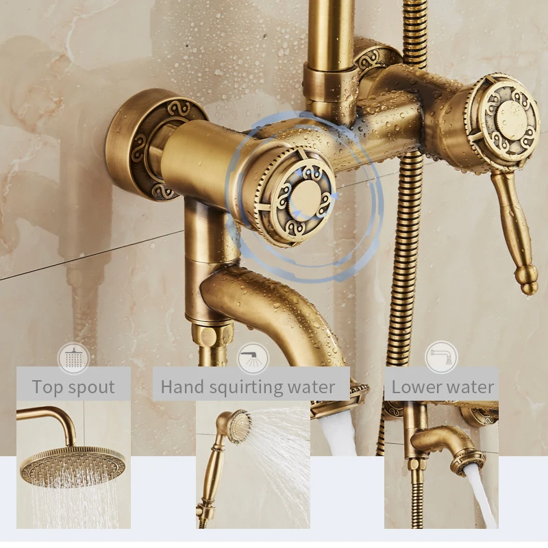 JIKU античная латунь настенное крепление Душ Набор кран с двумя ручками с Handshower+ полка смеситель для душа и ванной коснитесь