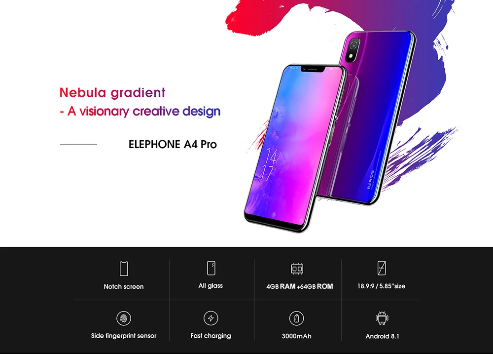 Elephone A4 Pro, 5,85 дюймов, 4G, Phablet, Android 8,1, смартфон MT6763, четыре ядра, 2,0 ГГц, 4 Гб ram, 64 ГБ rom, 16,0 Мп, задняя камера, мобильный телефон