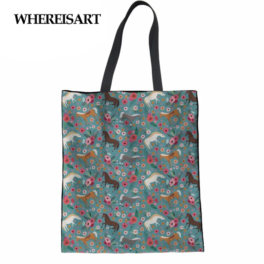 WHEREISART Для женщин сумка для покупок ручные сумки Horse цветочный узор из плотной ткани Повседневное Наплечные сумки-шопперы для девочек мягкие сумки сумка