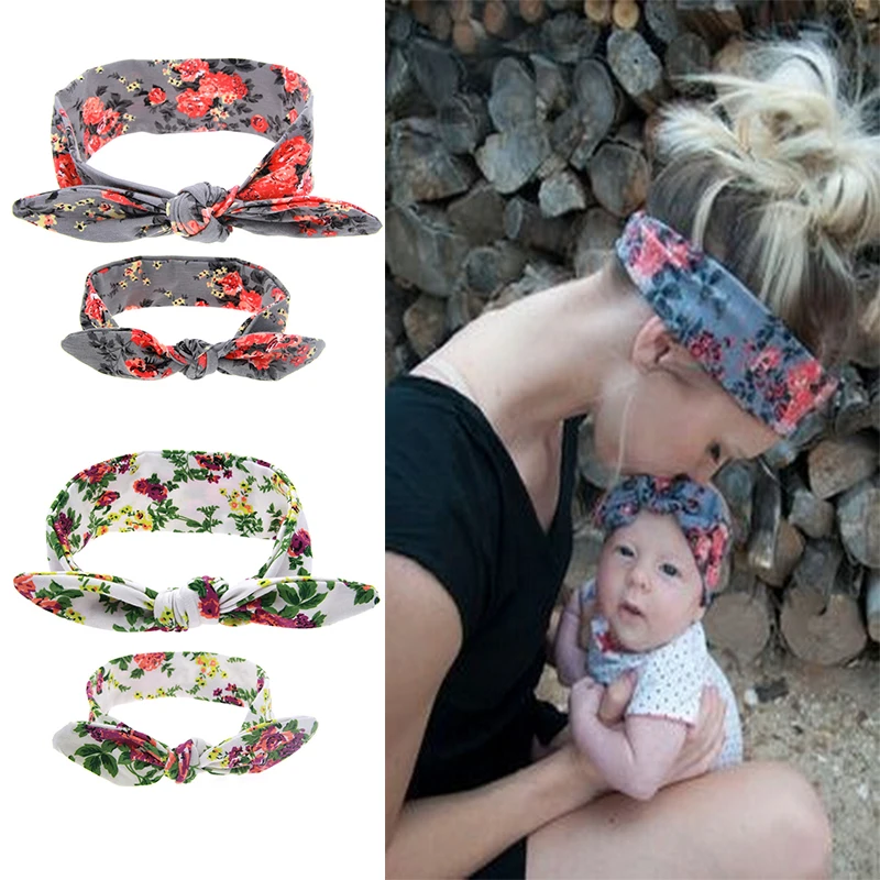 

2Pcs/Set Mom and Me Boho Turban Headband Top Knotted Bunny Ears Elastic Bowknot Matching Headband Kids and Mommy Headwrap Gifts