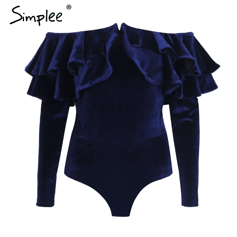 Simplee Off shoulder velvet ruffle bodysuit Women sexy long sleeve jumpsuit romper Autumn winter party club bodysuit overalls