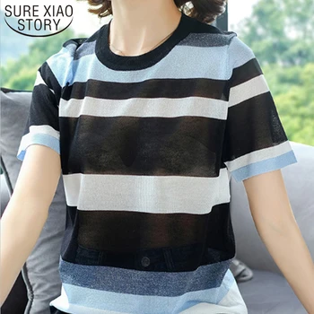 

Plus Size Striped Women Clothing Women Shirts O-Neck Short Sleeve Shirt Women Ice Silk Knitting Women Tshirt Streetwear 3541 50